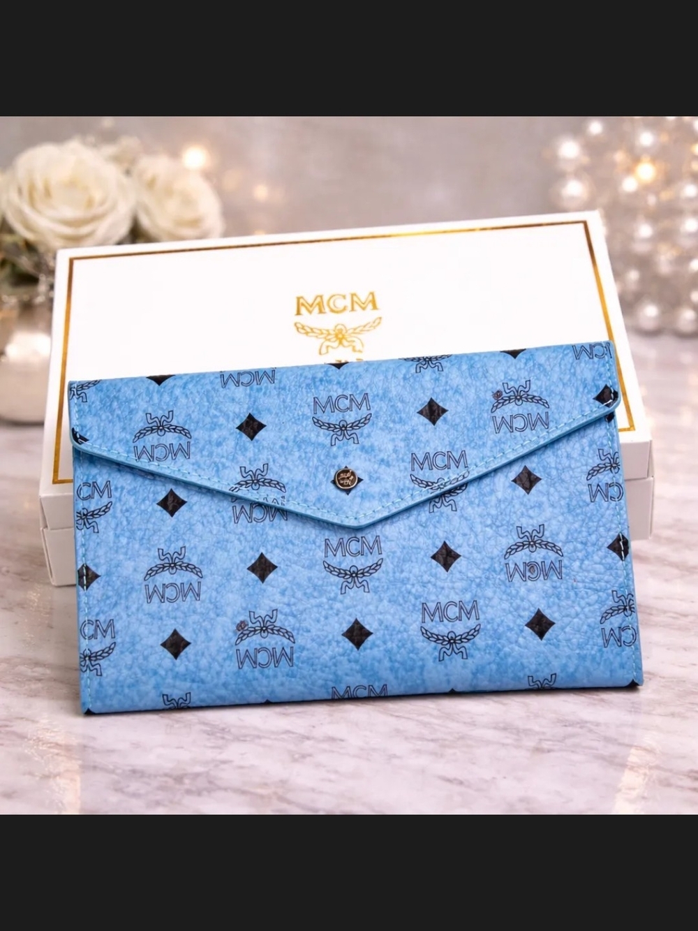 MCM Blue Visetos Logo Print Envelope Clutch